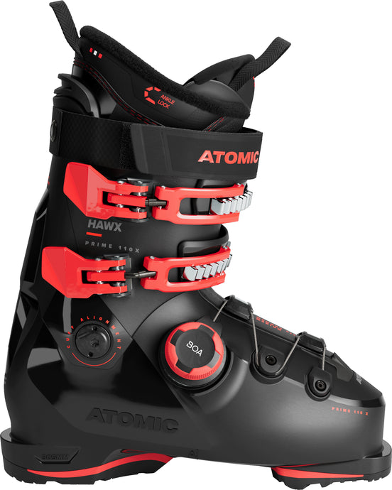 Atomic Men's Hawx Prime 110X BOA Ski Boots in black with red accents, featuring the BOA lacing system and a mimic silver liner.