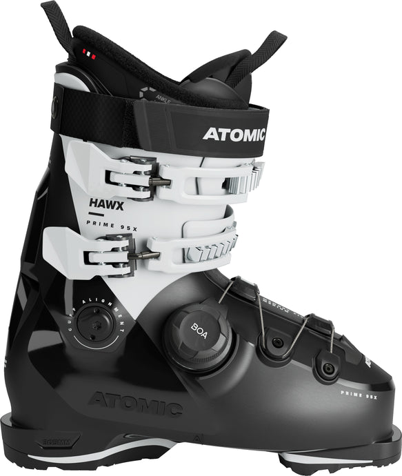 Atomic women's Hawx Prime 95X BOA ski boots in black and white, featuring a BOA Fit System dial, energy link, and a soft mimicking silver liner.