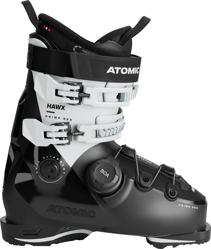 Load image into Gallery viewer, Atomic women&#39;s Hawx Prime 95X BOA ski boots in black and white, featuring a BOA Fit System dial, energy link, and a soft mimicking silver liner.
