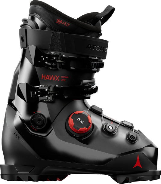 Black and red Atomic Hawx Magna 100x BOA ski boot on a white background. Limited edition. Ski and Tennis Station