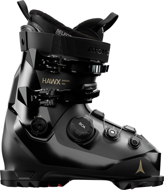 A black Atomic HAWX Magna 95X BOA ski boot shown from a three-quarters angle against a solid white background. Limited edition. Ski and Tennis Station