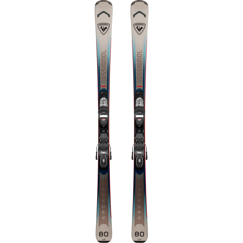 Load image into Gallery viewer, A pair of Rossignol Arcade 80 skis with bindings, shown vertically against a plain white background.
