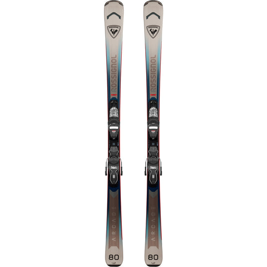 A pair of Rossignol Arcade 80 skis with bindings, shown vertically against a plain white background.
