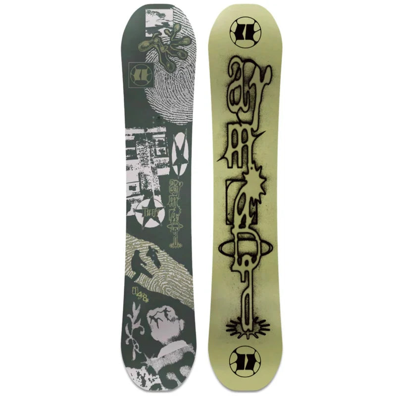 Load image into Gallery viewer, Armada Tuffy snowboard displaying both sides of the board. The front is dark olive green with white and black graphic artwork, and the back is light olive green with black graphic artwork and stylized text. Ski and Tennis Station.
