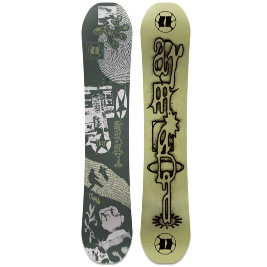 Armada Tuffy snowboard displaying both sides of the board. The front is dark olive green with white and black graphic artwork, and the back is light olive green with black graphic artwork and stylized text. Ski and Tennis Station.