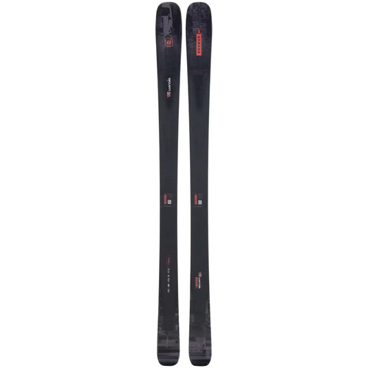 Two black skis with red branding on a white background