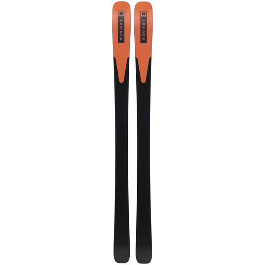 Two skis with orange tips and black bodies on a white background
