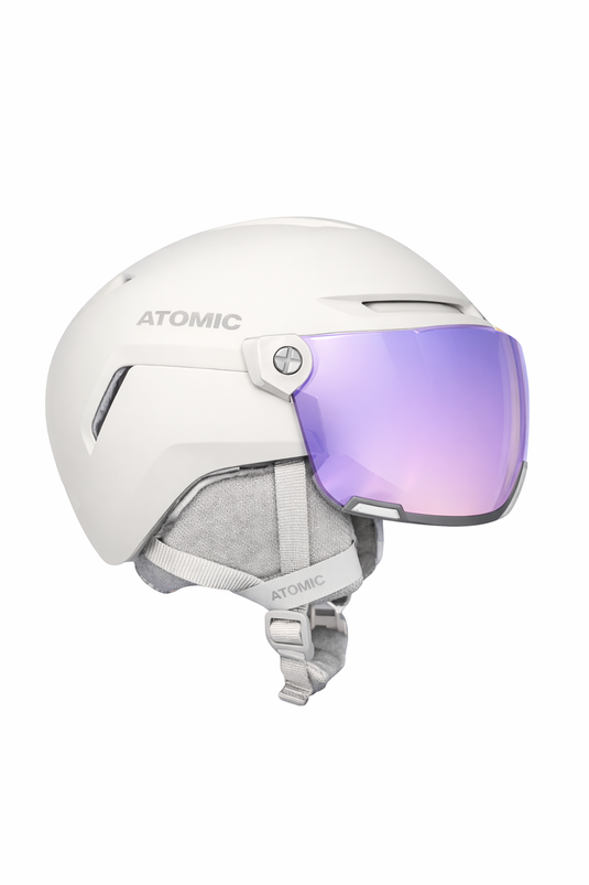 White helmet with a visor and 'Atomic' branding on a white background
