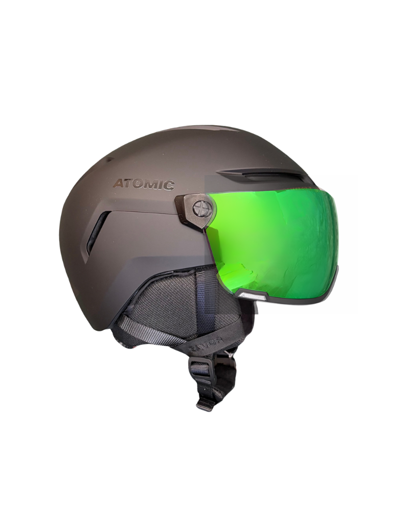 Load image into Gallery viewer, Gray Atomic Savor HD ski helmet with green visor on a white background
