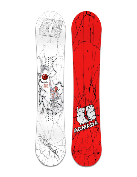 Front and back views of an Armada Beatnik men's snowboard on a white background. The top sheet is white with black crackle graphics, a sketch of a person, and a red logo. Ski and Tennis Station.