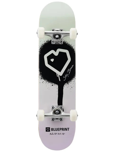 Skateboard with a black heart design and 'Blueprint' branding on a white background