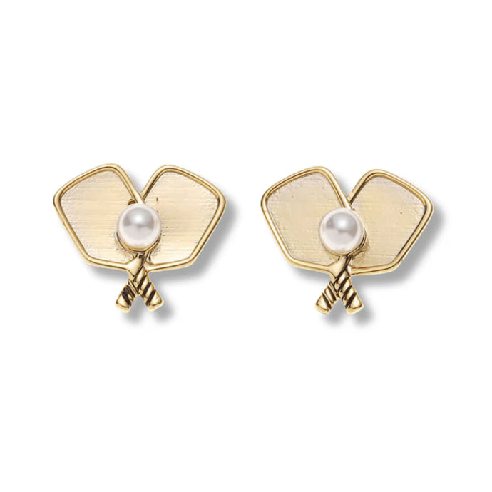 Born to Rally Gold Pickleball Pearl Paddle Stud Earrings