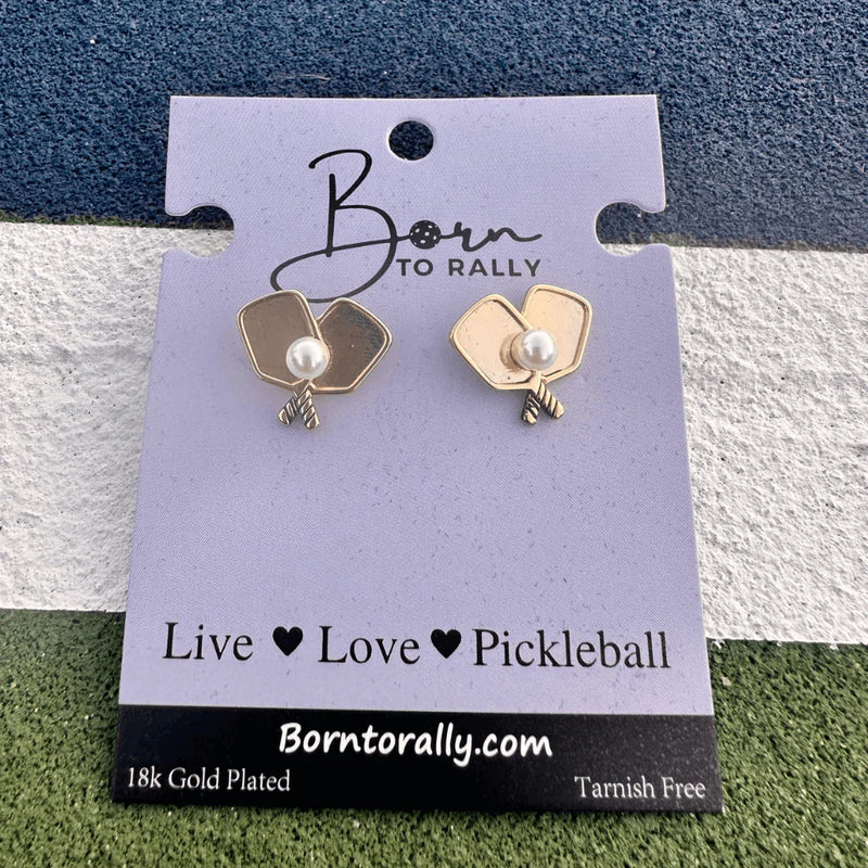 Load image into Gallery viewer, Born to Rally Gold Pickleball Pearl Paddle Stud Earrings
