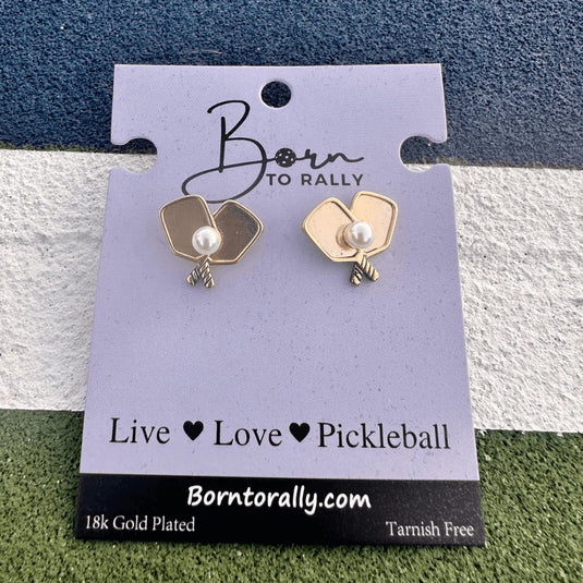 Born to Rally Gold Pickleball Pearl Paddle Stud Earrings