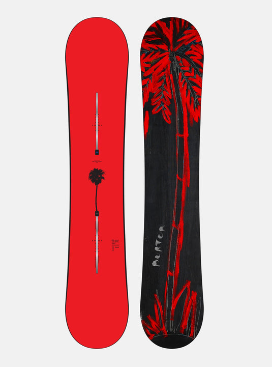 A Burton Blossom Camber Snowboard with a red top surface featuring a black and red palm leaf design, and a black base with a red logo.