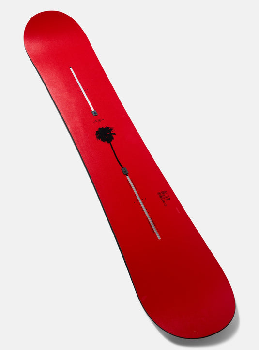 Red snowboard with a black logo on a white background