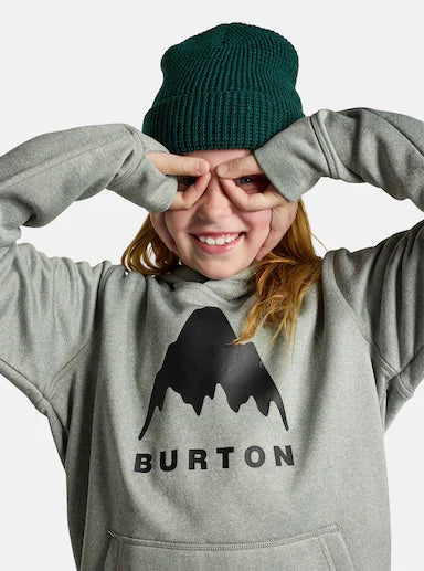 Load image into Gallery viewer, Person wearing a gray Burton hoodie and green beanie with a mountain logo.

