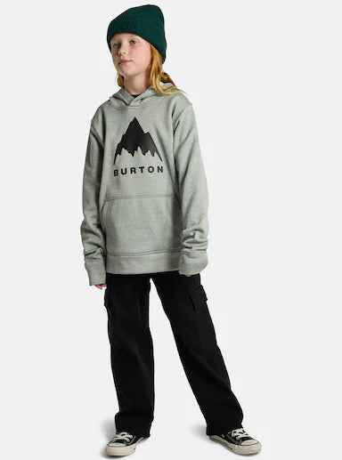 Child wearing a gray Burton hoodie and black pants on a white background
