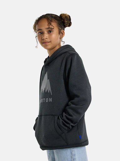 Person wearing a dark gray hoodie with a Burton logo on a white background