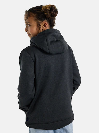 Person wearing a black hoodie from behind on a white background