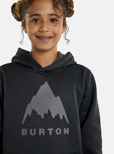 Load image into Gallery viewer, Child wearing a dark gray hoodie with a mountain logo and &#39;Burton&#39; text on a light gray background
