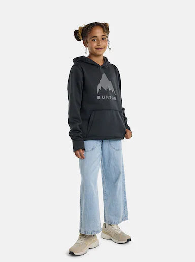 Child wearing a black hoodie with a Burton logo on a white background
