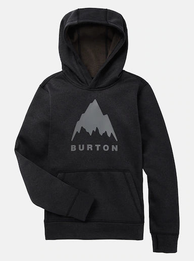 Load image into Gallery viewer, Black hoodie with Burton logo on a light gray background
