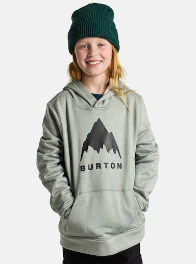 Load image into Gallery viewer, Person wearing a light gray hoodie with a mountain logo and &#39;Burton&#39; text on a white background
