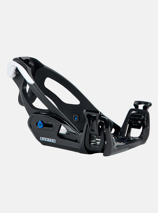 Black snowboard binding on a white background