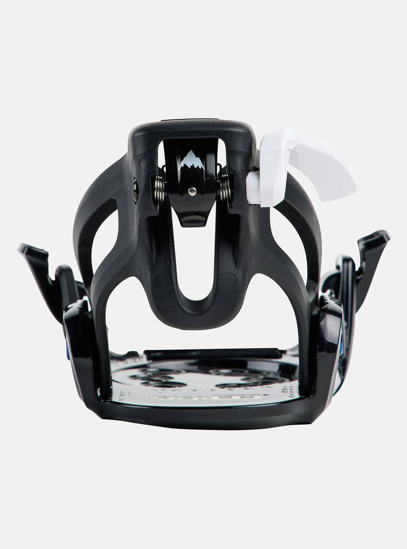 Load image into Gallery viewer, Black and white snowboard binding on a white background
