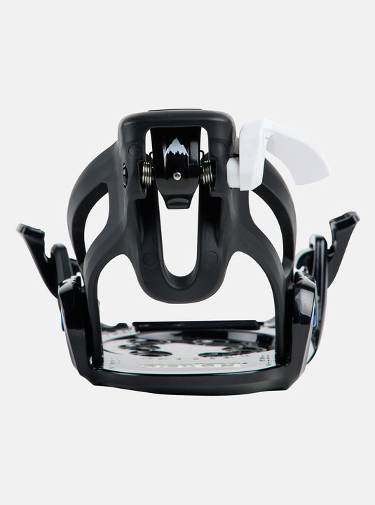 Black and white snowboard binding on a white background
