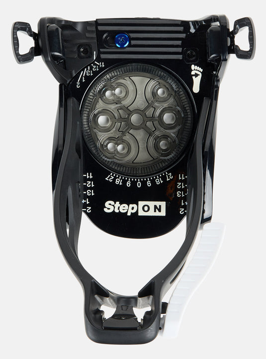 Black snowboard bindings with LED lights and 'StepOn' branding on a white background