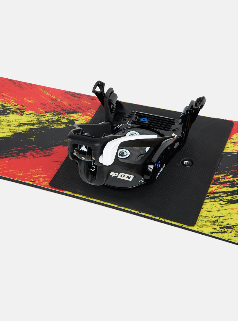Load image into Gallery viewer, Snowboard with a colorful design and a black binding on a white background
