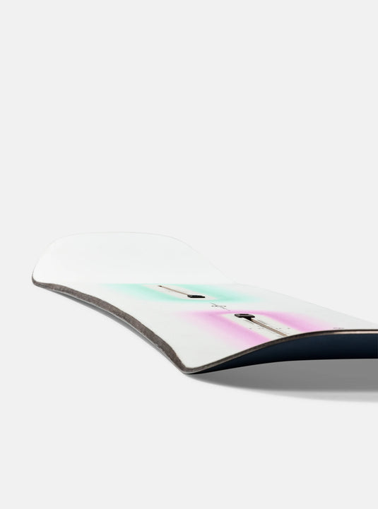 Futuristic white and black snowboard with colorful accents on a white background