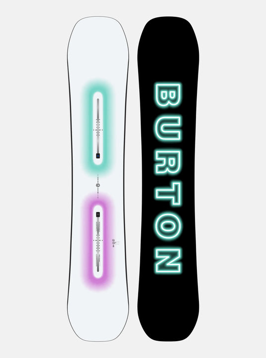 A Burton men's snowboard featuring a neon-inspired design with glow-in-the-dark ink highlighting the Channel and base lettering.