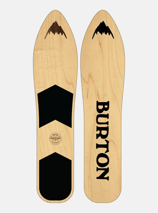 A Burton men's snowboard featuring a natural wood color with black and gray detailing, and the brand name 'Burton' printed on the surface.
