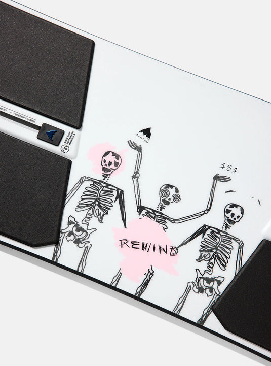 Illustration of a skeleton with a heart and 'REWIND' text on a white background with black edges.