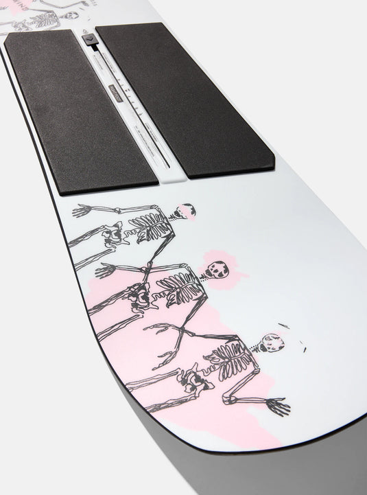 Snowboard with skeleton design on a white background