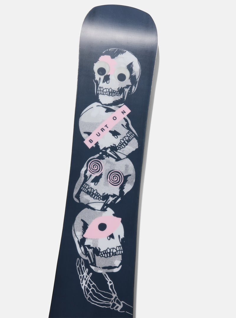 Load image into Gallery viewer, Snowboard deck with skull design on a white background
