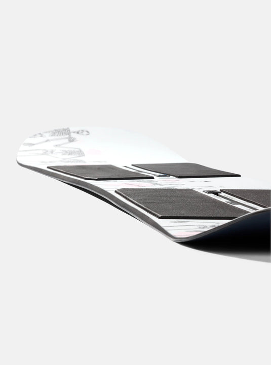 Snowboard with black and white design on a white background