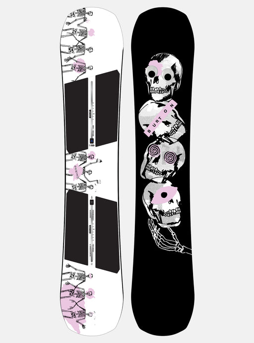 A Burton Rewind Camber Snowboard featuring a black and white design with pink and gray accents, and a unique pattern of skulls and floral motifs on the top surface.