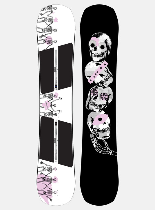 A Burton Rewind Camber Snowboard featuring a black and white design with pink and gray accents, and a unique pattern of skulls and floral motifs on the top surface.