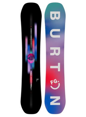 The image shows the top and bottom view of the Burton Women's Feelgood Snowboard 2025. The top view features the brand logo and the name 'Burton' in a large, bold font.