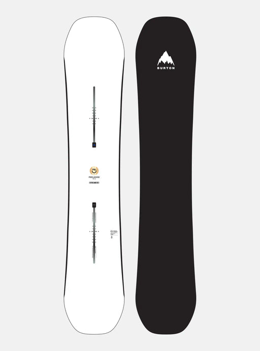 A Burton women's snowboard for the year 2026, showing the top and bottom designs. The top is white with a simple black and orange design, while the bottom is black with a white and orange logo in the center.