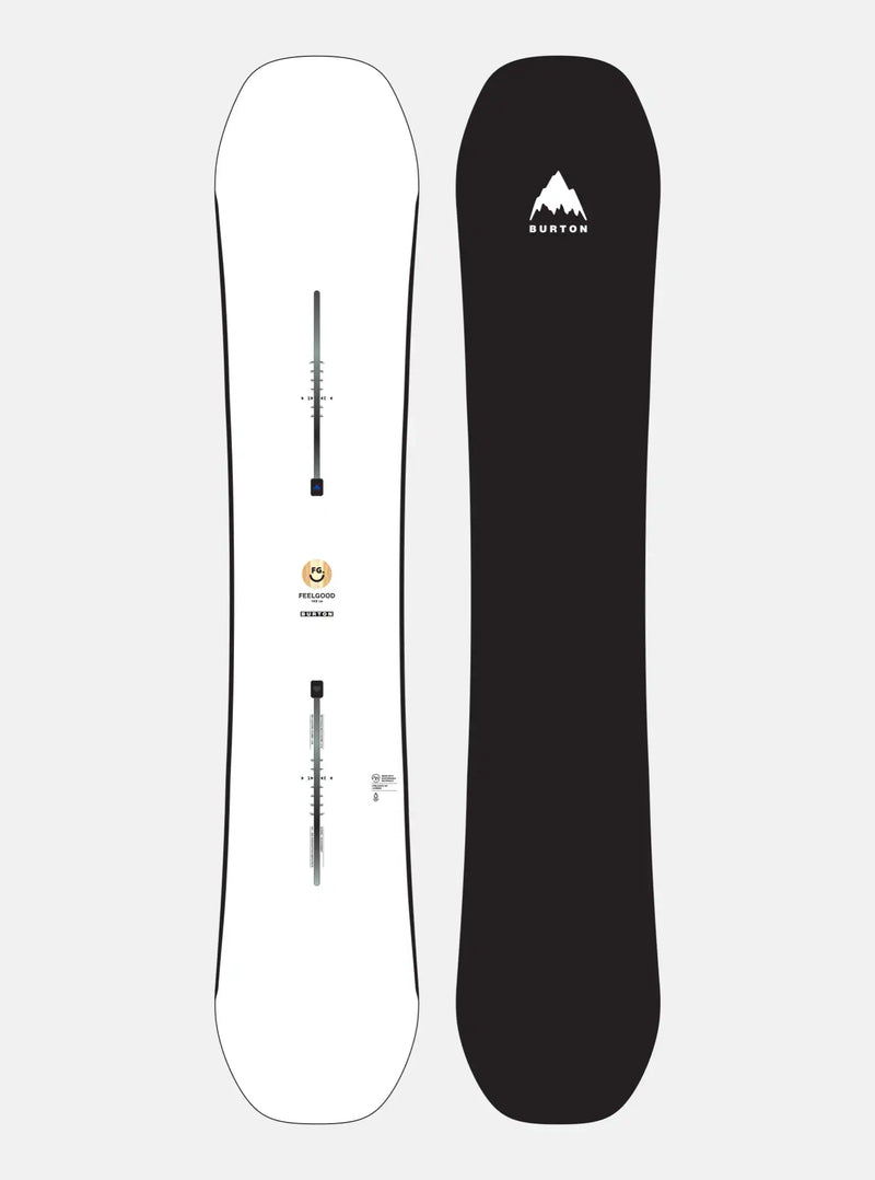 Load image into Gallery viewer, A Burton women&#39;s snowboard for the year 2026, showing the top and bottom designs. The top is white with a simple black and orange design, while the bottom is black with a white and orange logo in the center.

