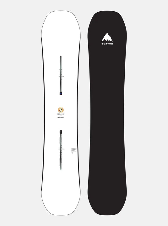 A Burton women's snowboard for the year 2026, showing the top and bottom designs. The top is white with a simple black and orange design, while the bottom is black with a white and orange logo in the center.