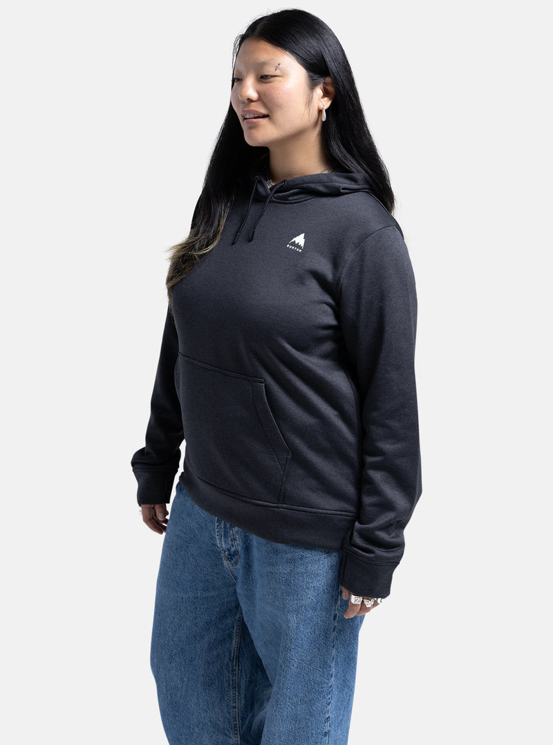 Load image into Gallery viewer, Lady wearing a black Burton hoodie with a logo on a white background
