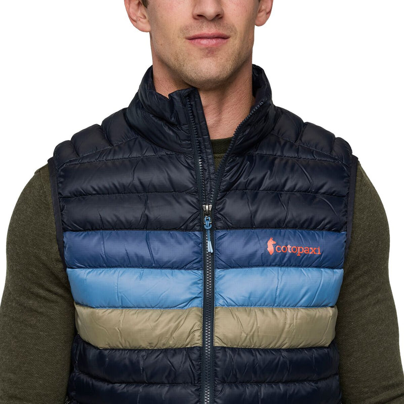 Load image into Gallery viewer, Man wearing a three-tone puffer vest with a Cotopaxi logo on a white background
