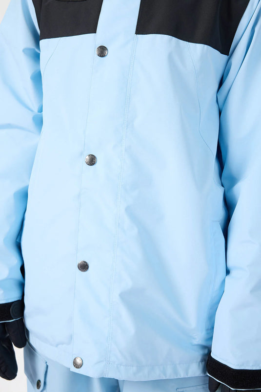 Light blue Airblaster cypress jacket with black accents and buttons. Ski and Tennis Station