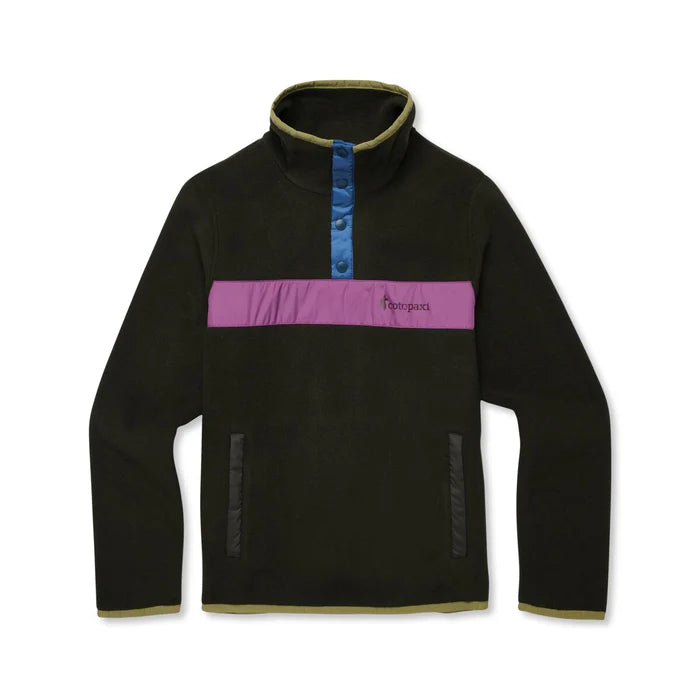 Load image into Gallery viewer, Black fleece pullover with a purple stripe and blue buttons on a white background
